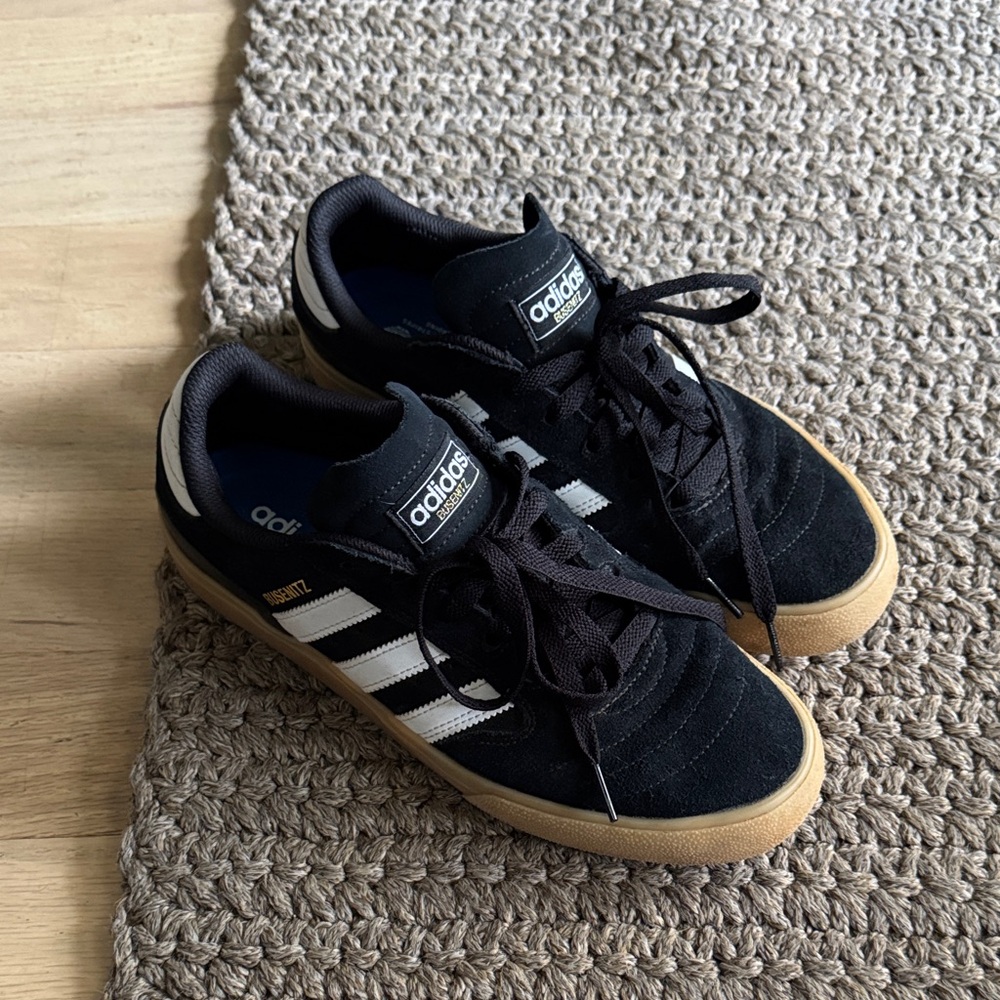 Adidas Busenitz Black and White Sneakers with Tan Sole